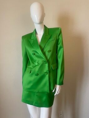 Women's Double-Breasted Satin Blazer with Matching Skirt in Bright Green